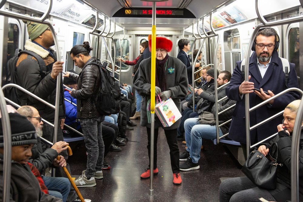 Inside a subway car in Manhattan.