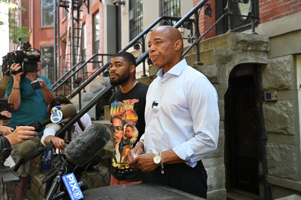 Eric Adams hosting a press visit to his home in Bed-Stuy, Brooklyn