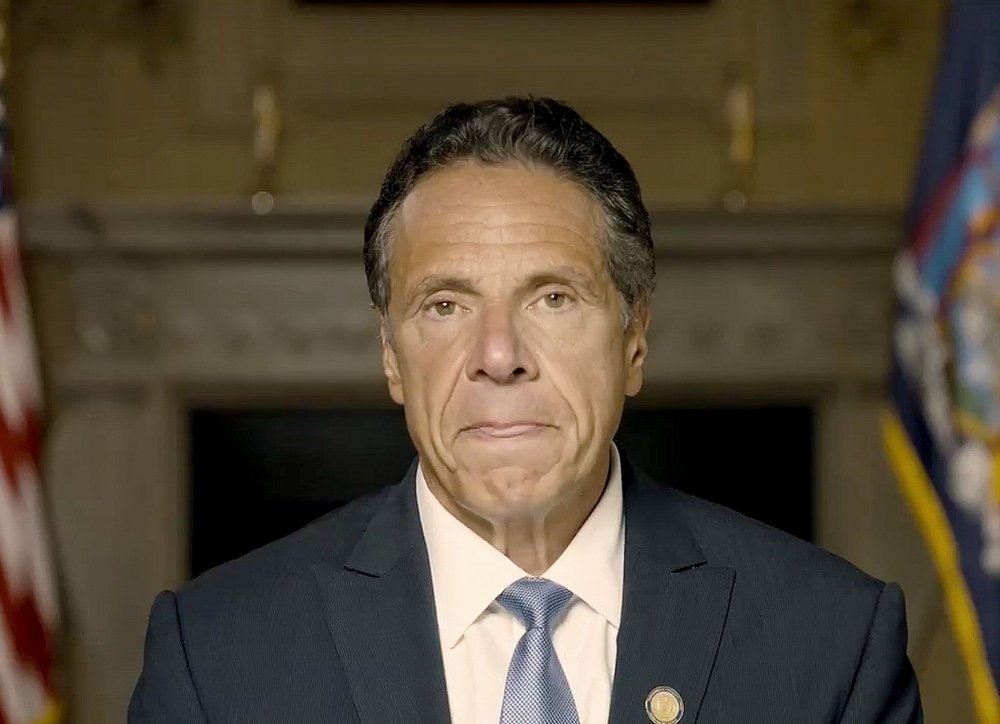 Governor Cuomo, with pursed lips, in a screengrab from his prerecorded statement