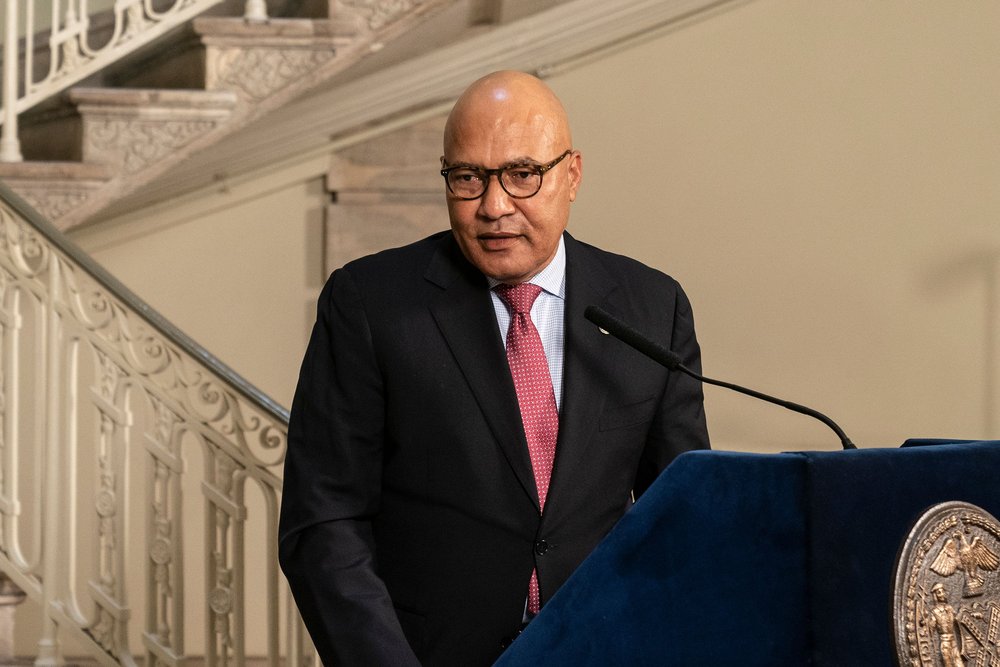 Jacques Jiha speaks during Mayor Eric Adams press briefing on city preliminary budget for fiscal year 2023 at City Hall last year. Jiha faced questions on how the Adams administration was seeking to fill 23,000 municipal job vacancies.