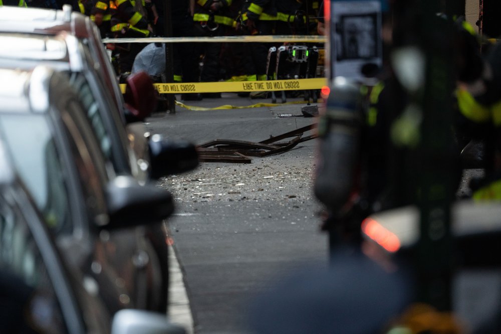 Rubble that fell onto the street just outside of a parking garage that collapsed in Lower Manhattan.