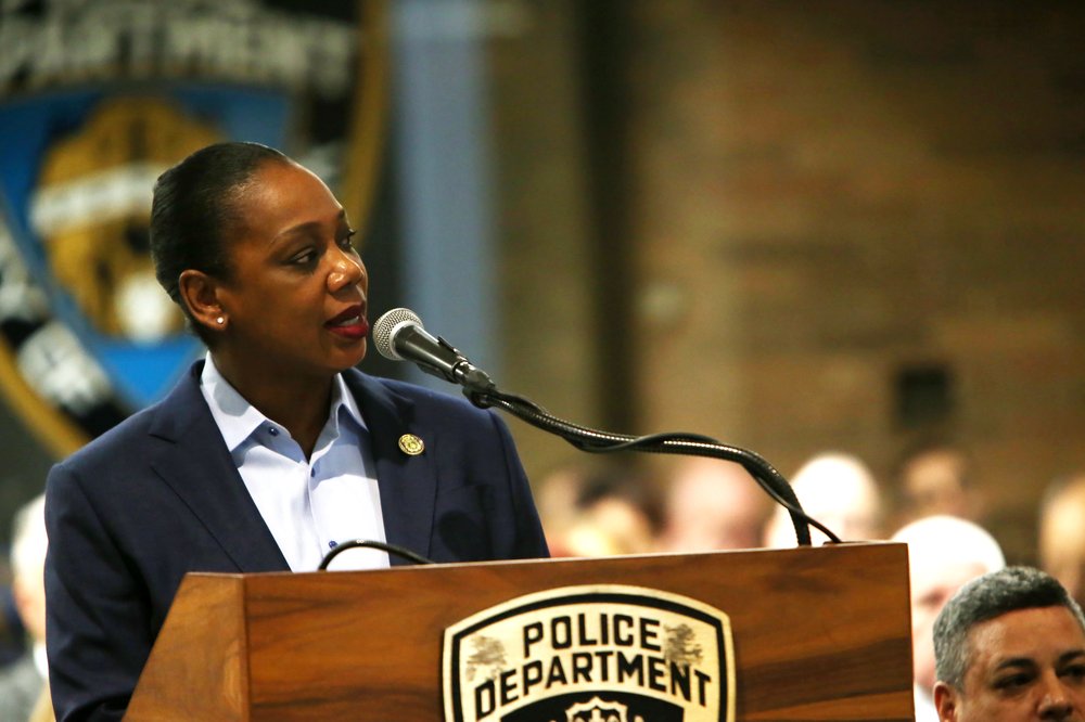 New York City Mayor Eric Adams along with New York City Police Commissioner Keechant Sewell deliver remarks at the Annual NYPD Hall of Heroes Memorial Ceremony at One Police Plaza on May 2.