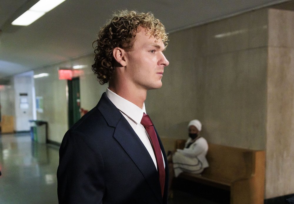 Daniel Penny (C) departs a courtroom following an arraignment hearing to enter a plea on charges related to his role in the death of Jordan Neely at New York Criminal Court in New York, New York, USA, 28 June 2023.