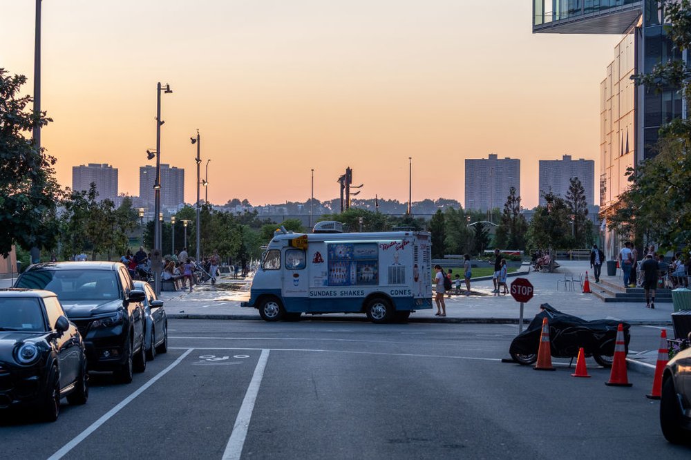 a Mister Softee truck at the sunset