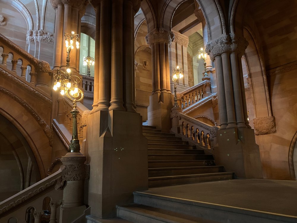 The Million Dollar Staircase in Albany shown from the first floor looking up