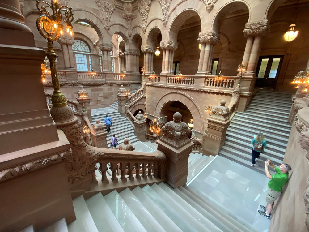 The Million Dollar Staircase in Albany shown from the fourth floor looking down.