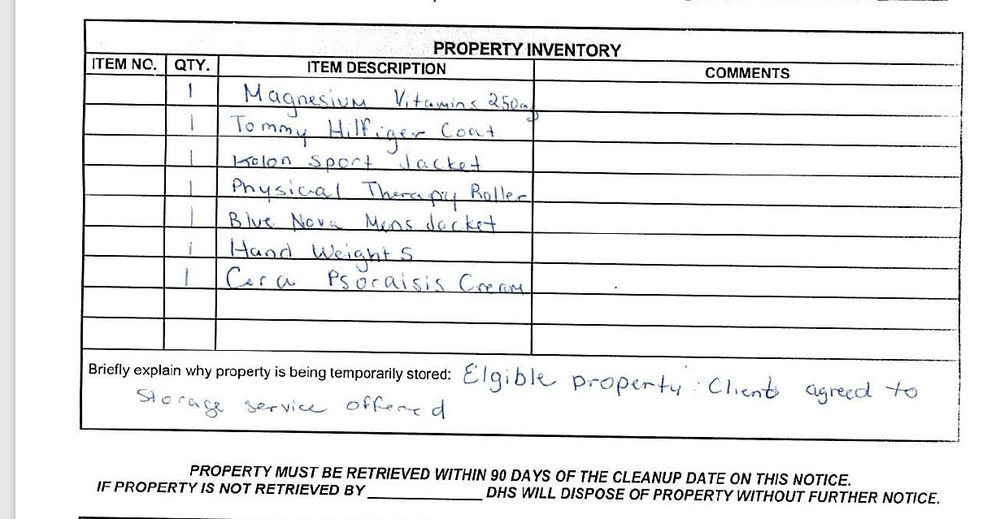 A screenshot of one of the list of items stored by the city after an encampment sweep in March.