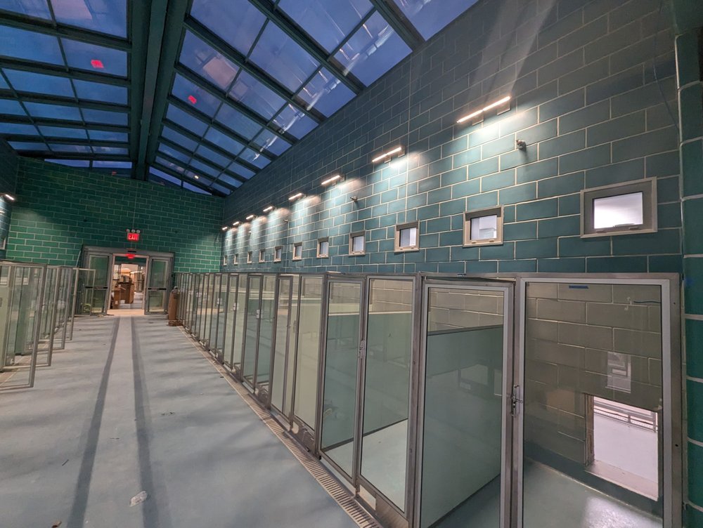 Dog kennels at the new facility, which has a retractable glass roof