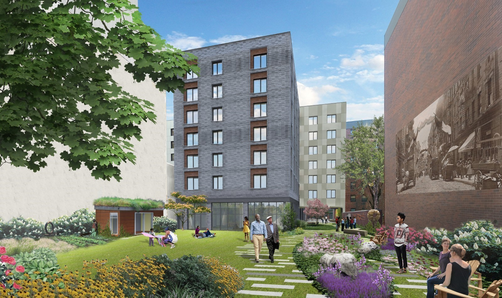 A rendering of a new development with a greenspace in front.