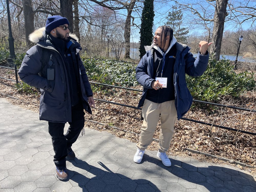 Two men speak in Brooklyn's Prospect Park