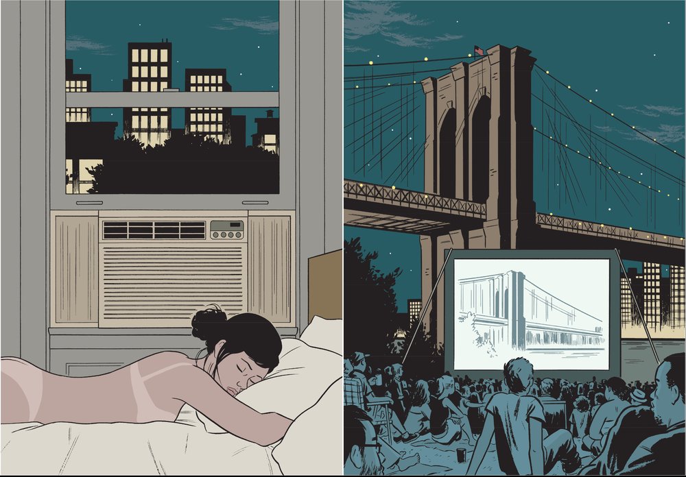 A photo of Adrian Tomine's New Yorker covers "AC" and "Double Feature"