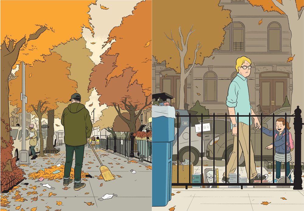 A photo of Adrian Tomine's New Yorker covers "Fall Sweep" and "Recognition"