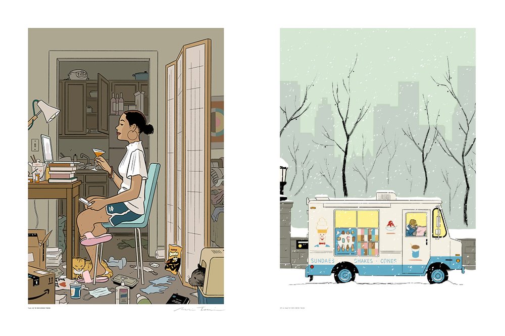 Prints of Adrian Tomine's New Yorker covers "Love Life" and "Winter Break"
