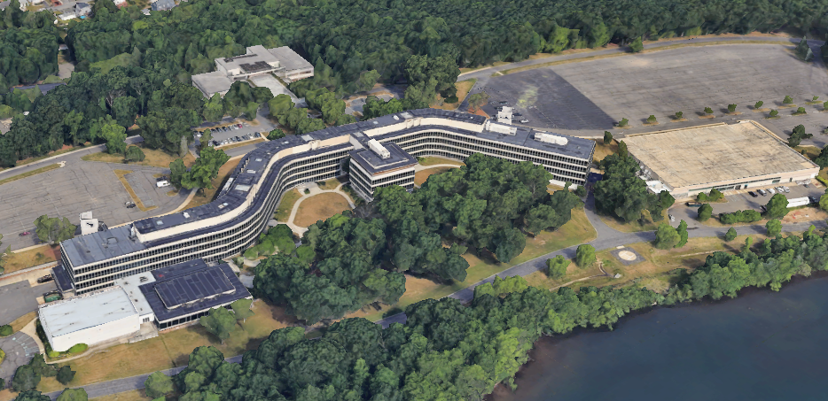 An aerial view of the former headquarters of Toys R Us.