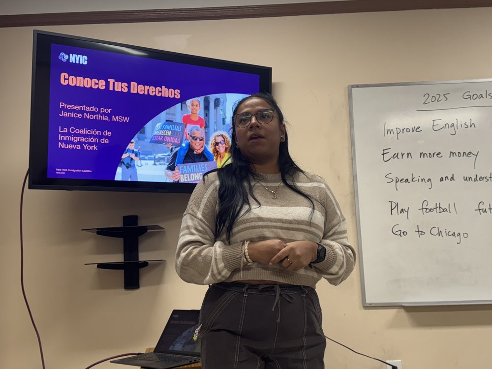 Trainer Janice Northia, with New York Immigration Coalition, leads an immigration know-your-rights workshop for an English class in Sunset Park.