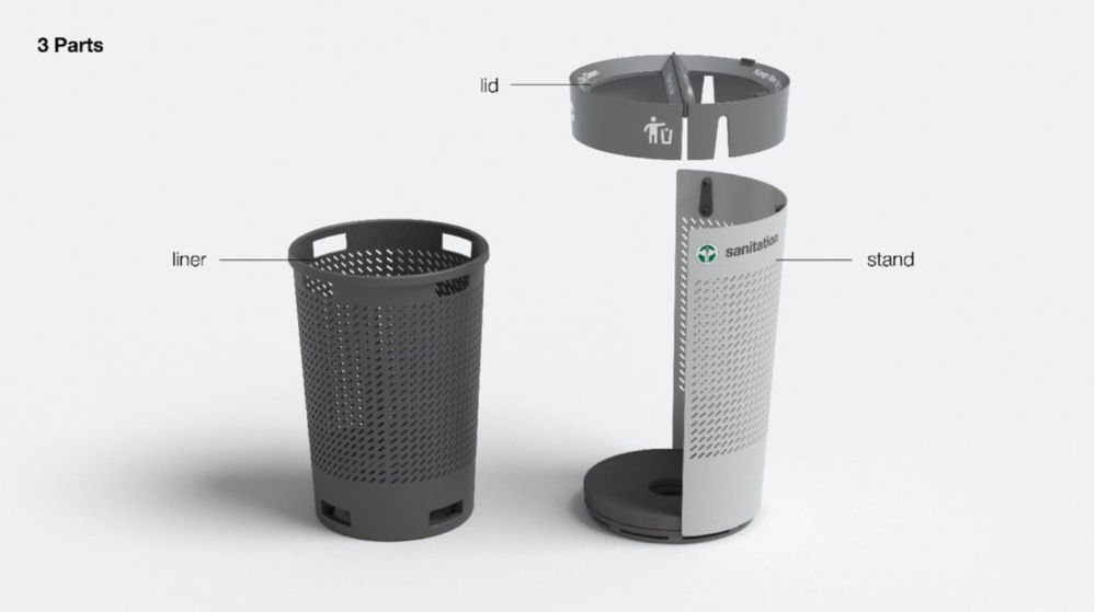 A rendering of the three components of a cutting edge trash can.