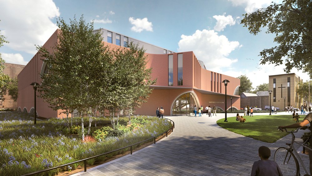 A rendering of the forthcoming Shirley Chisholm Recreation Center in East Flatbush, showing a walkway, greenery, and a two-story brick building.
