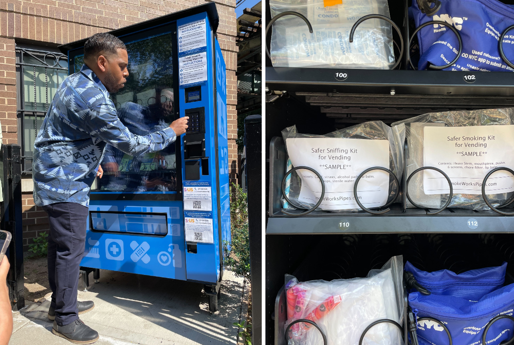 A man demonstrating use of a bright blue vending machine, and a detailed look at its contents