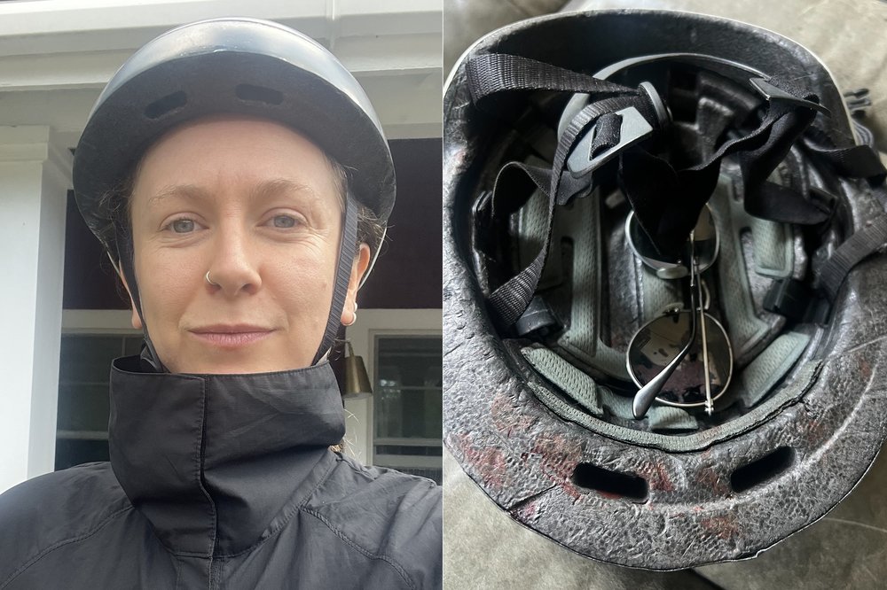 Two images side by side: Jennifer Noble and the bicycle helmet she says was bloodied when she rode into what appeared to be kite string on the Marine Parkway Bridge.