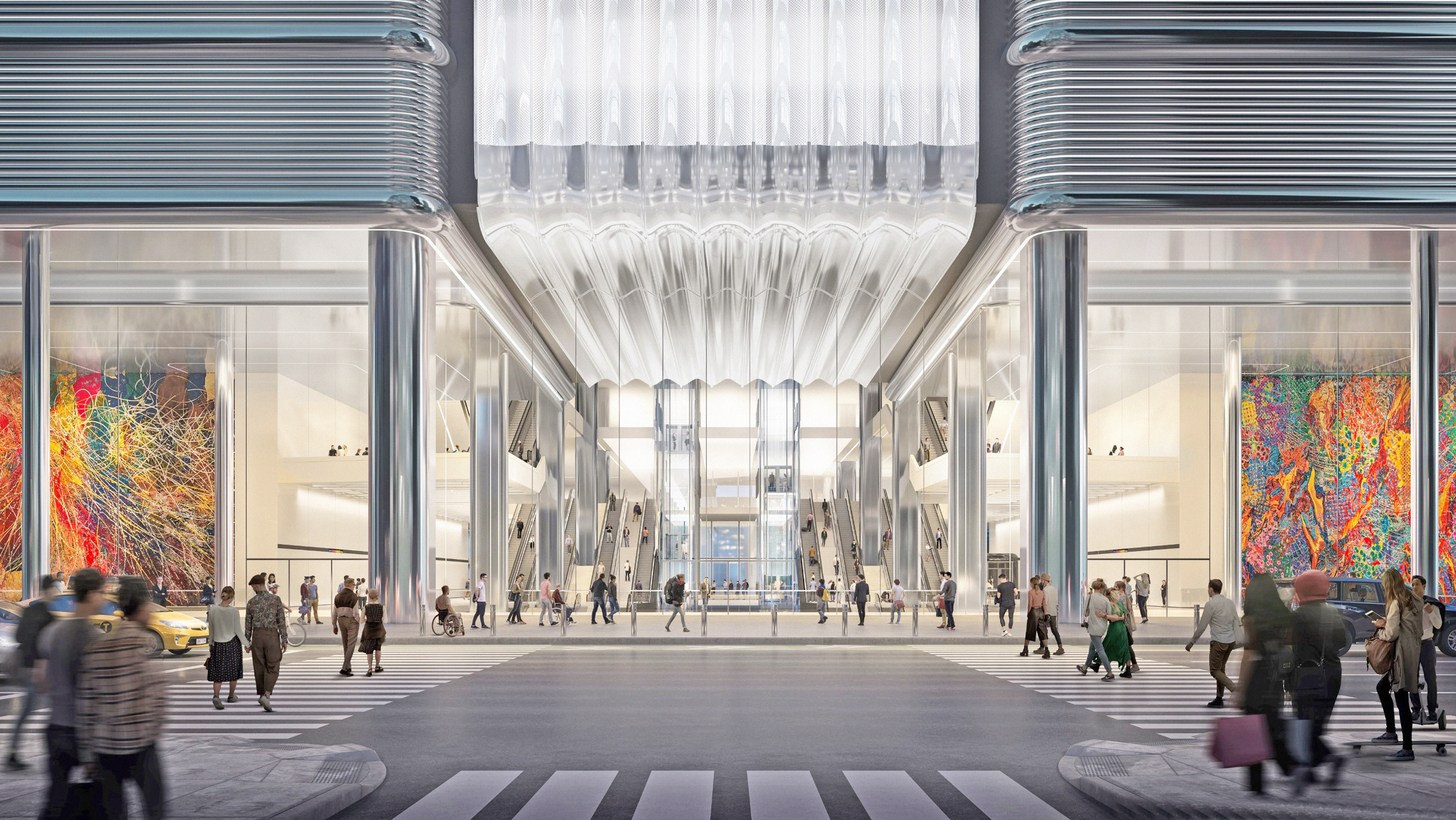 A rendering of the Port Authority's planned new bus terminal in Midtown, which shows a shining glass entrance filled with escalators.