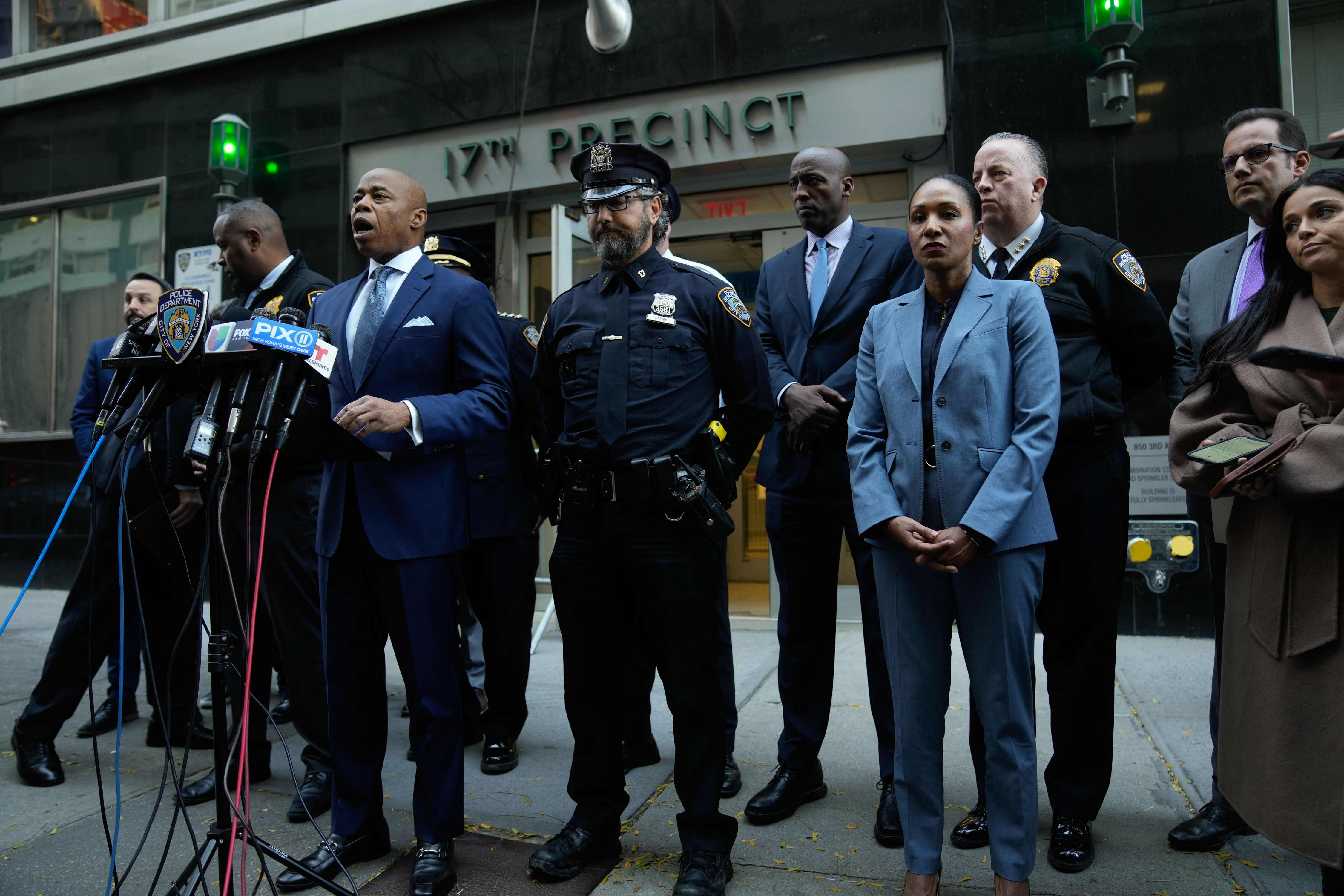 New York City Mayor Eric Adams and New York City Police Department Interim Commissioner Thomas Donlon brief the media on a series of incidents that took place this morning within the confines of the 10th and 17th police precincts on Monday, Nov. 18, 2024.