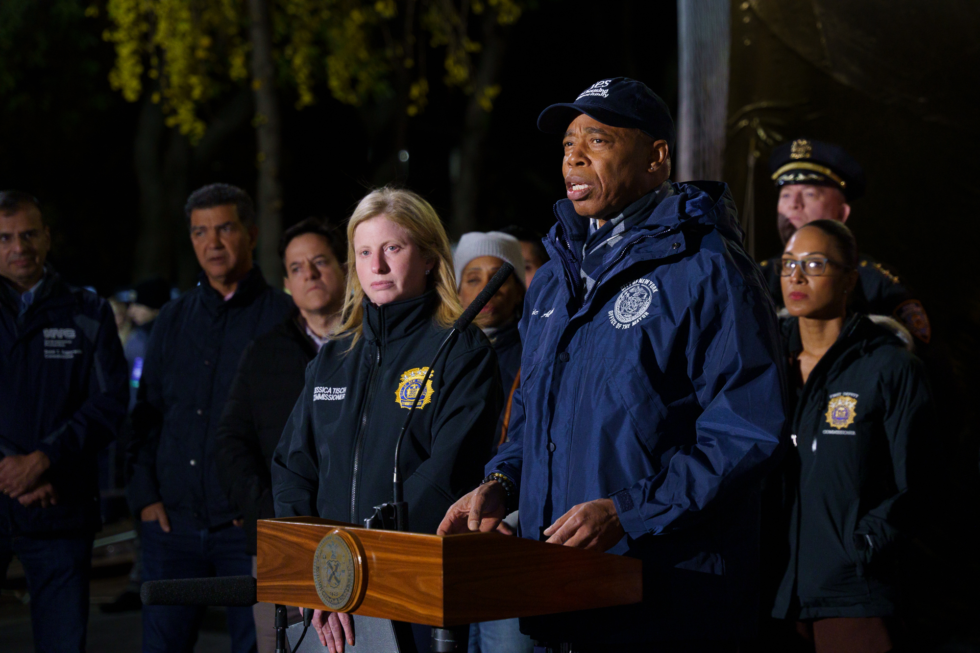 Mayor Eric Adams speaks to the media alongside Police Department Commissioner Jessica Tisch and other administration officials at West 77th Street and Columbus Avenue.