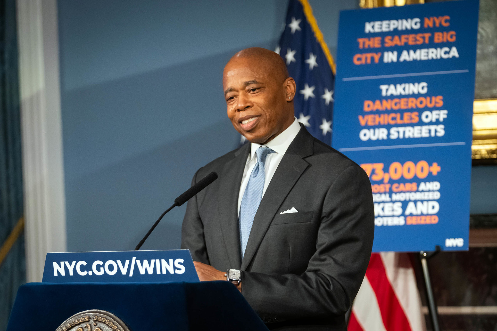 Mayor Eric Adams at a podium