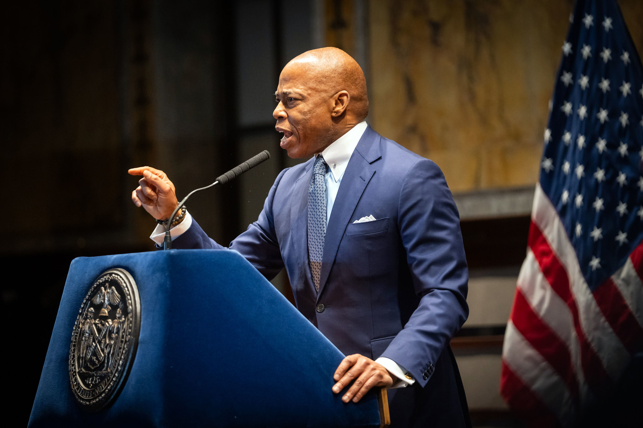 Mayor Eric Adams at a podium