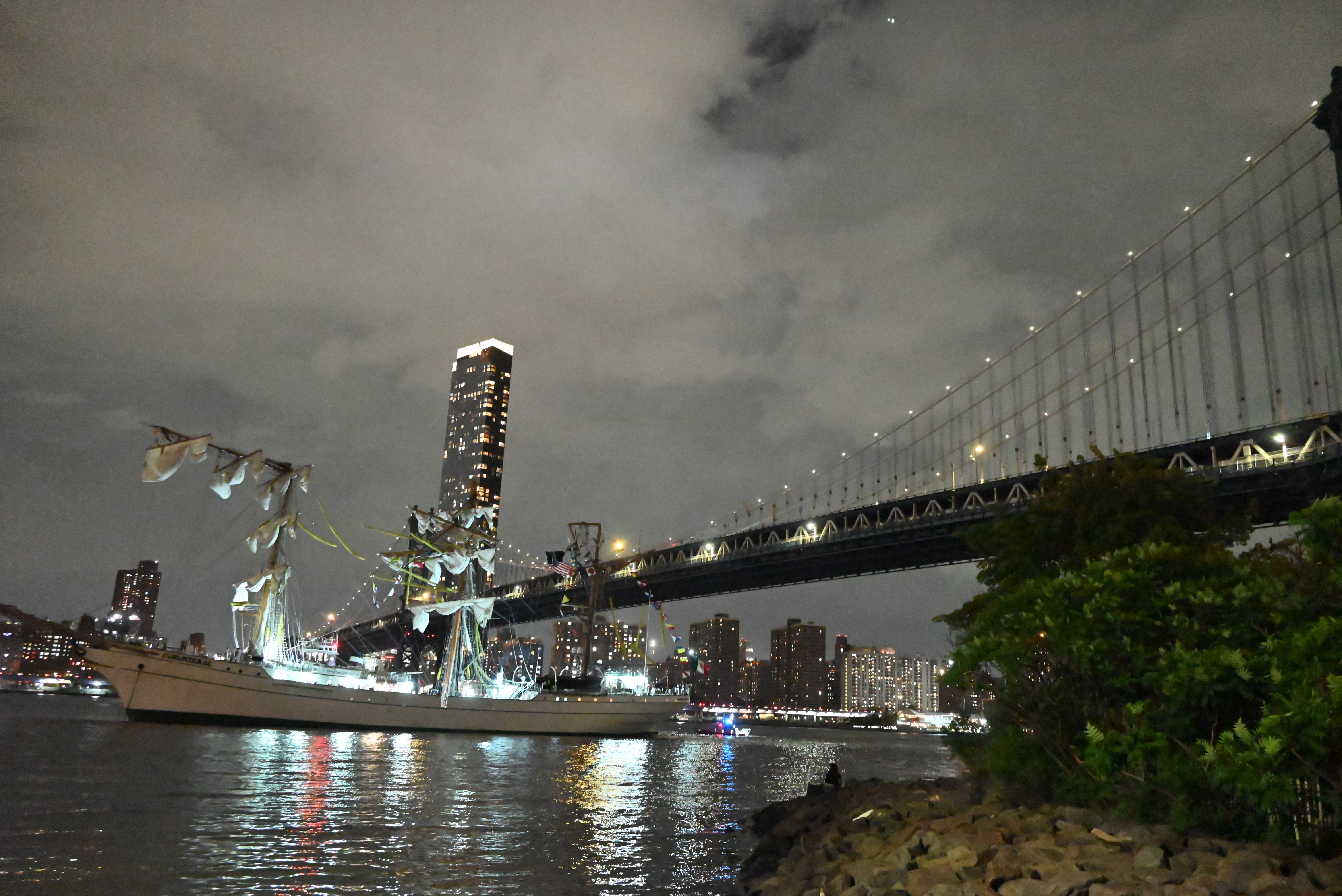 A photo of a Mexican naval vessel crashing into the Brooklyn Bridge Saturday night.