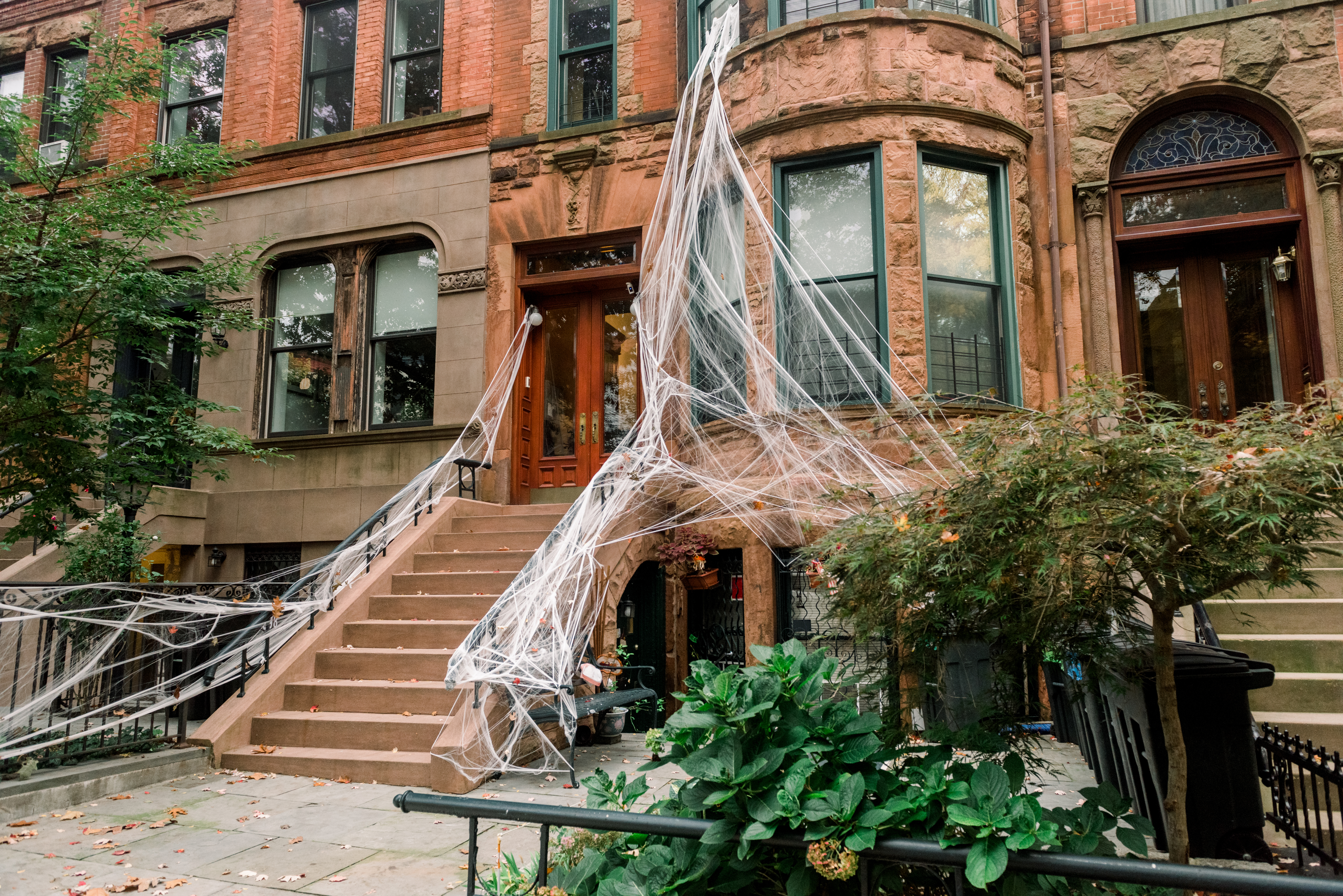 Row houses decorated for Halloween in Park Slope.