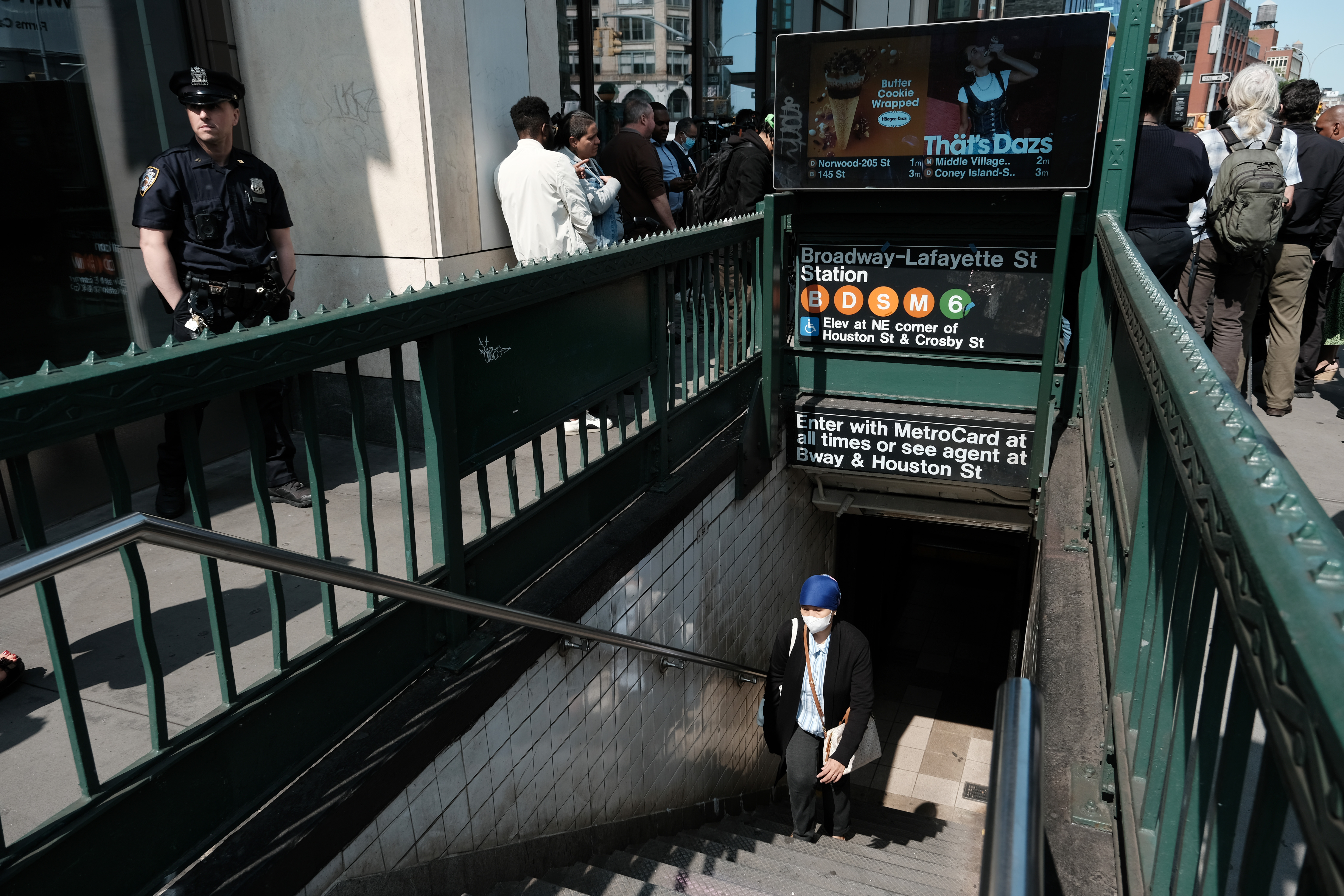 Police stand outside the Broadway-Lafayette subway station where Jordan Neely was fatally choked by a fellow passenger a week ago on May 10, 2023 in New York City.