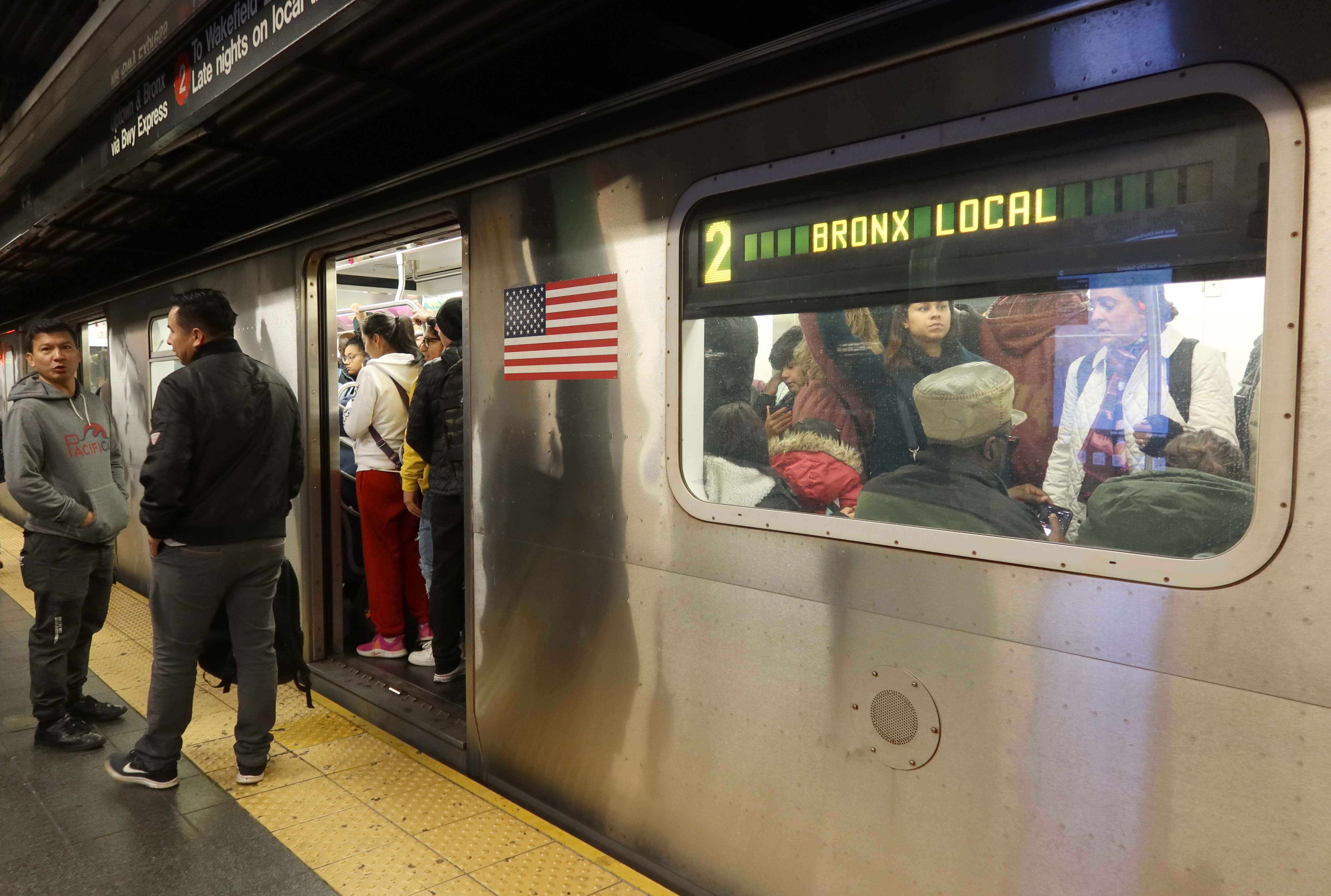 A crowded 2 train seen at the Times Square subway station in Manhattan on Nov. 6, 2023.