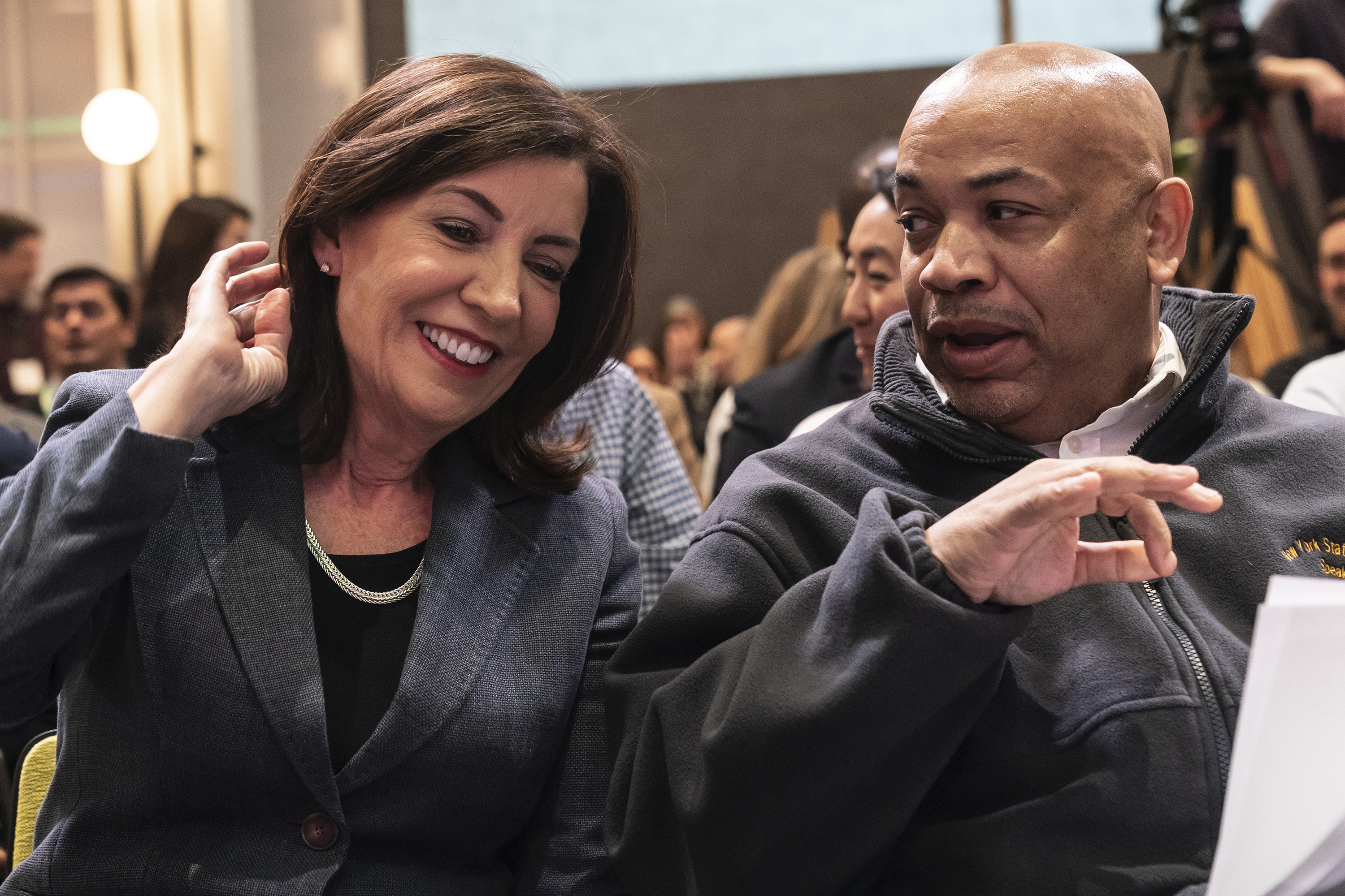 Gov. Kathy Hochul speaks with Assembly Speaker Carl Heastie at the opening of Google's newest office building St. John Terminal.