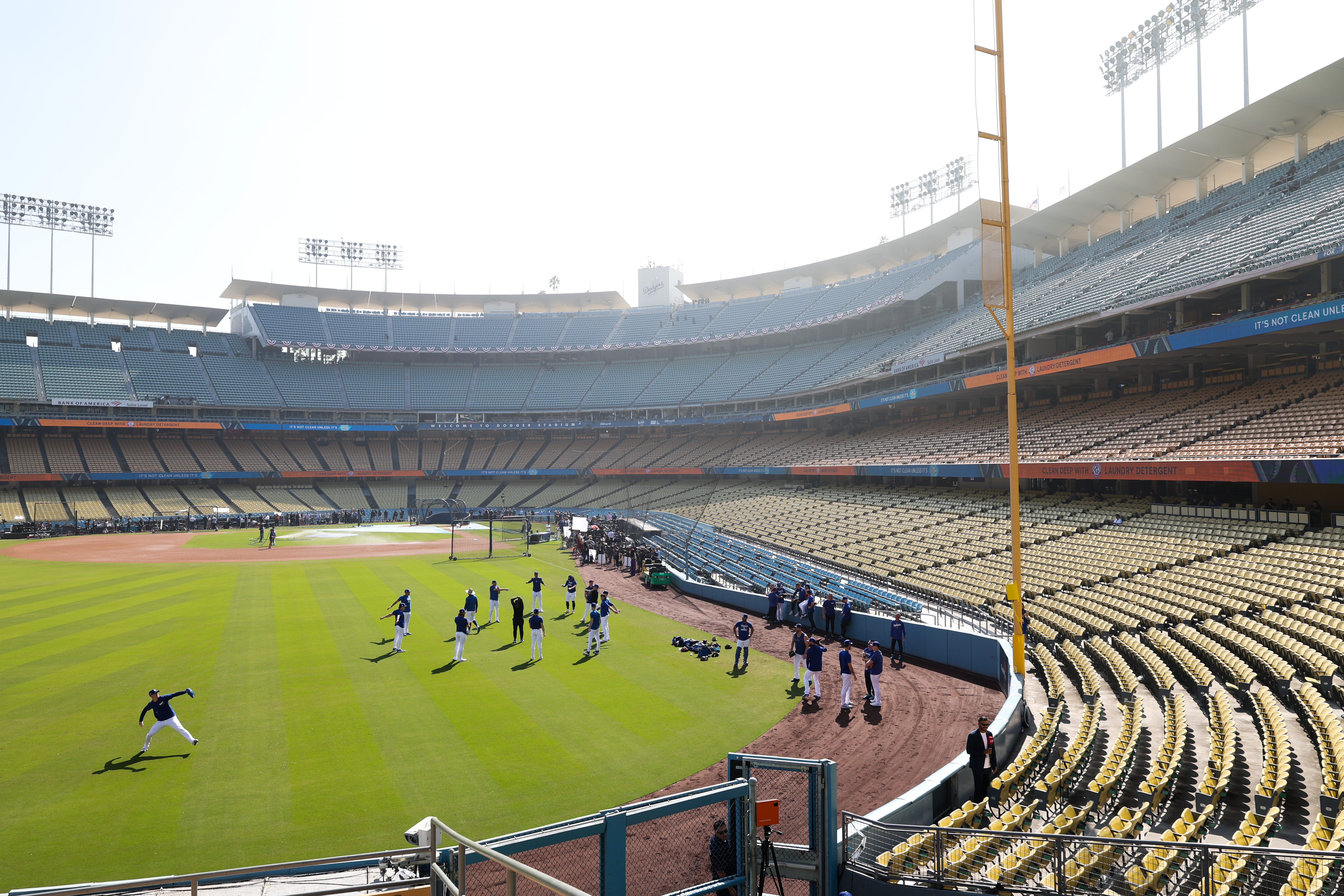 A general view inside the stadium during Los Angeles Dodgers warmups prior to Game 1 of the 2024 World Series between the New York Yankees and the Los Angeles Dodgers at Dodger Stadium on Friday, October 25, 2024 in Los Angeles, California. (Photo by Michael Owens/MLB Photos via Getty Images)