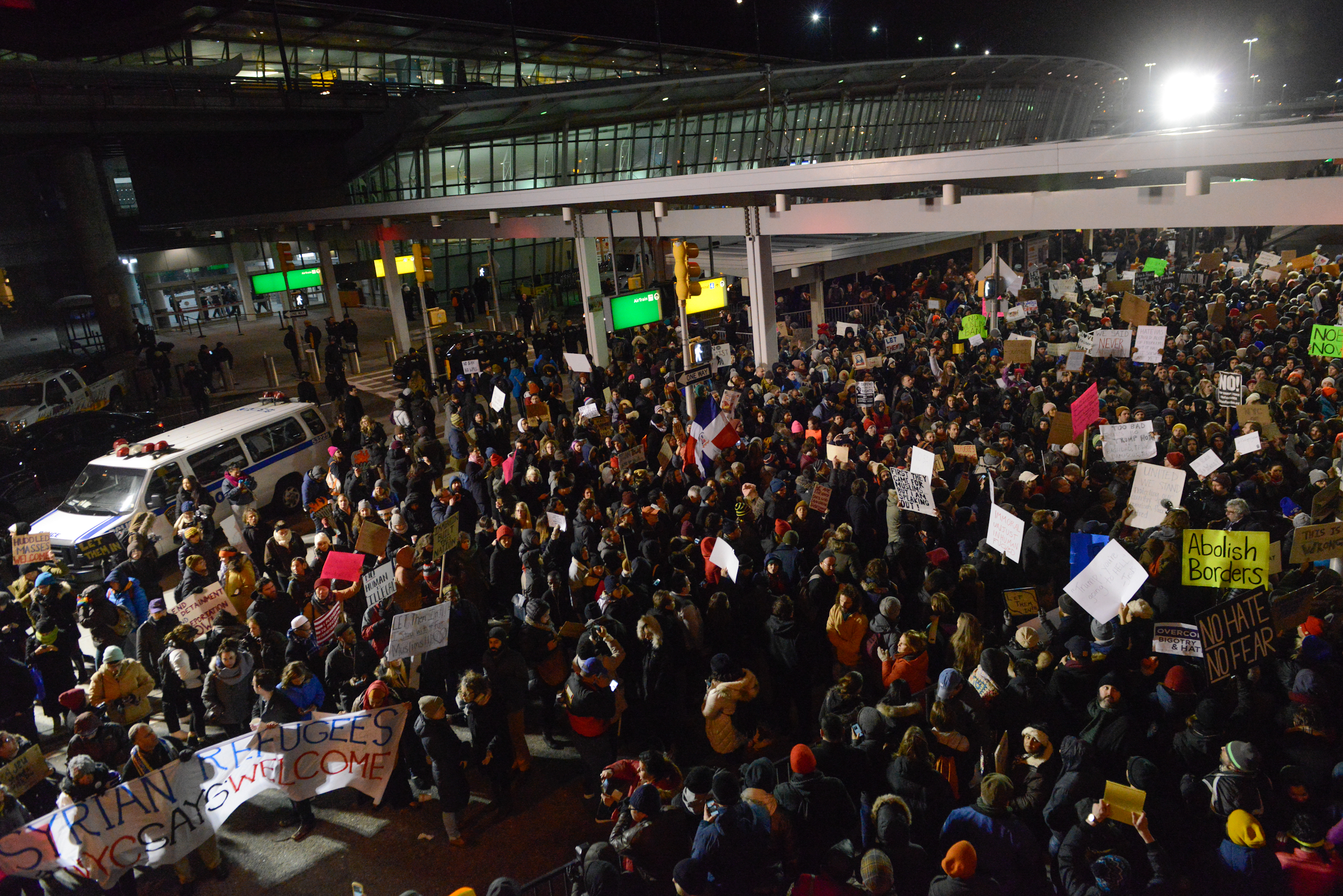 Protestors rally during demonstration against the new immigration ban issued by President Donald Trump at John F. Kennedy International Airport on Jan.28, 2017 in New York City. Trump signed the controversial executive order that halted refugees and residents from predominantly Muslim countries from entering the United States.