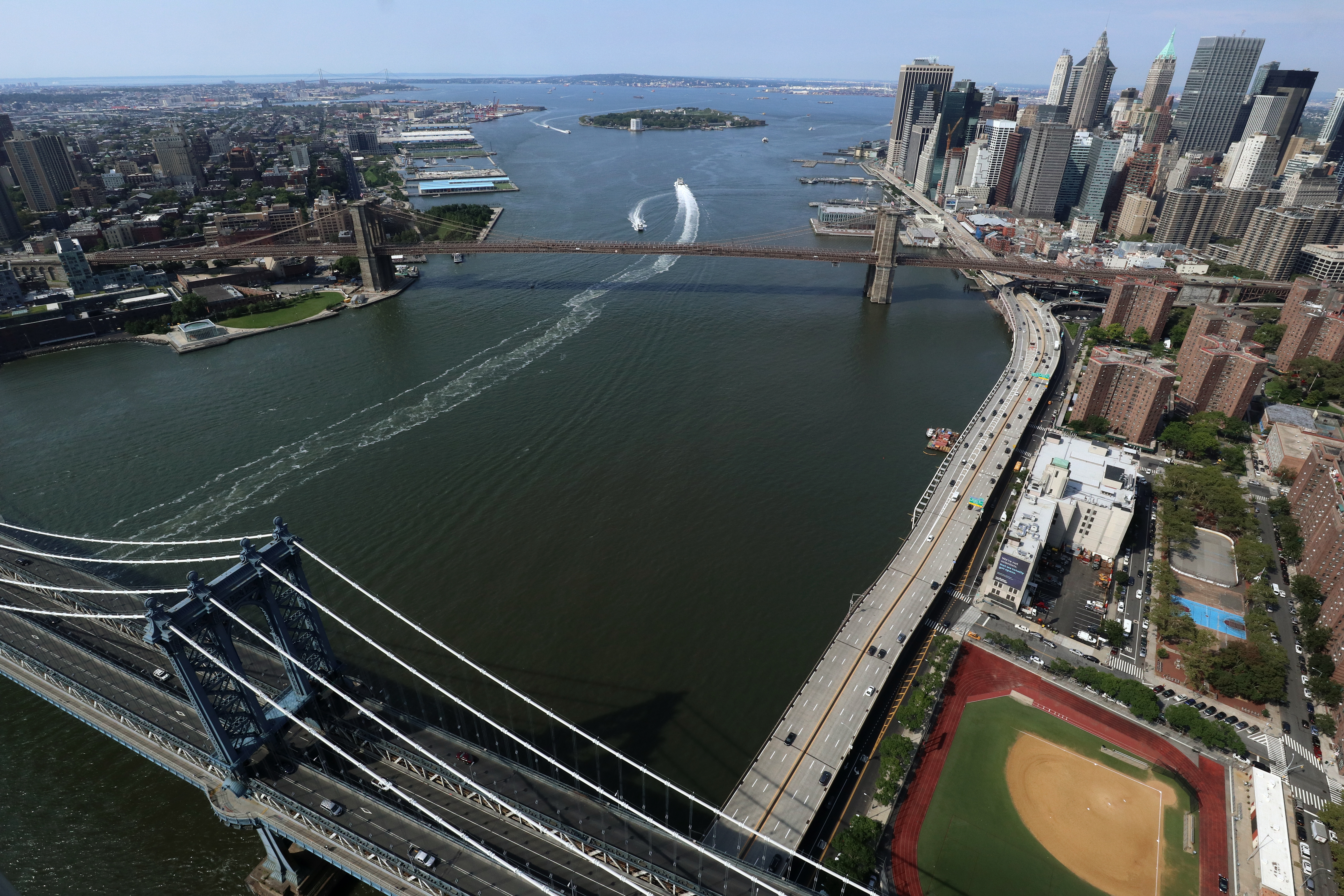 The East River is seen from above the Manhattan and Brooklyn Bridges on Aug. 11, 2017.