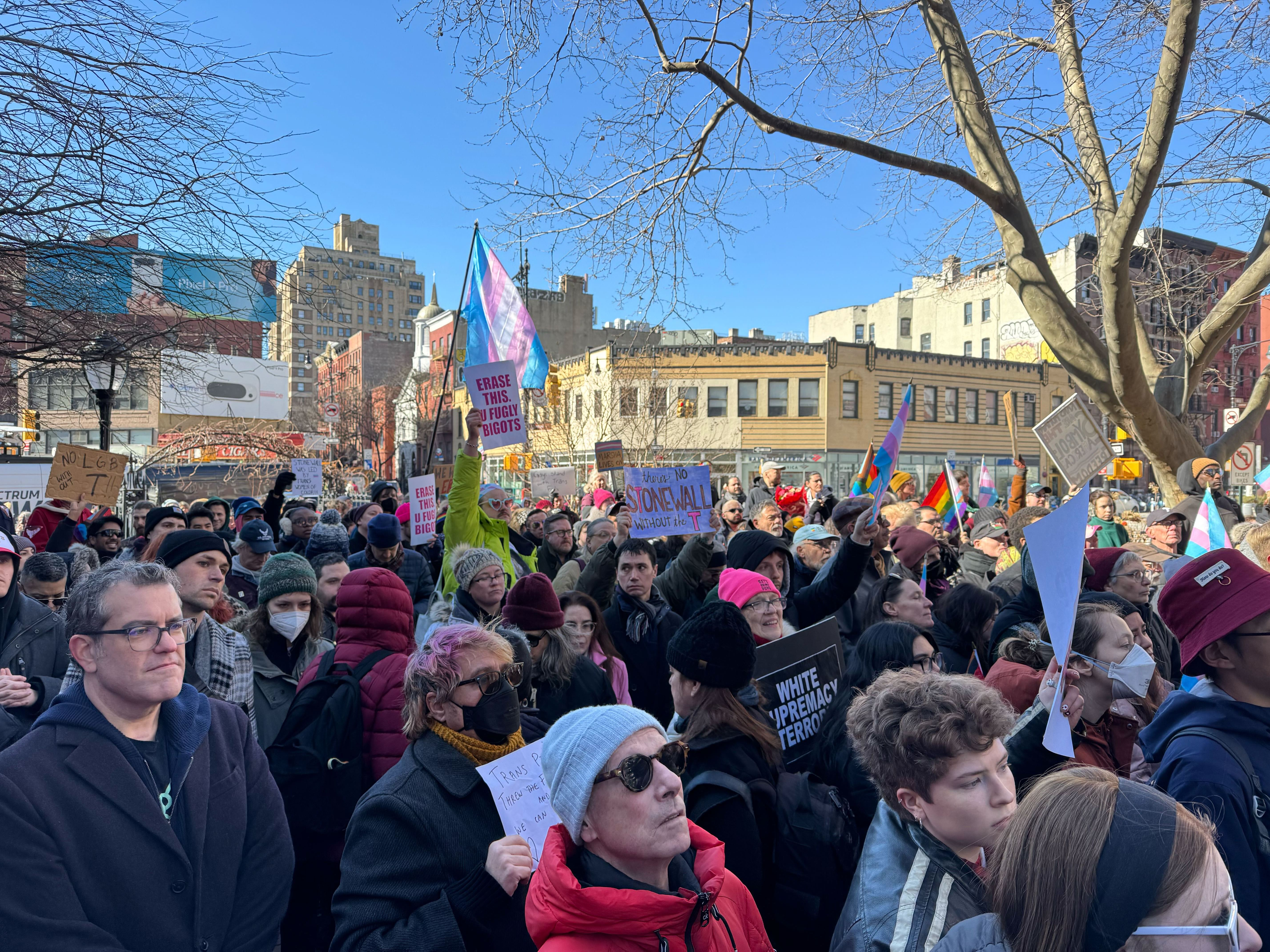 Protesters demonstrate at the Stonewall National Monument in the West Village on Feb. 14, 2025.