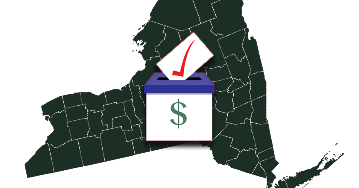 An outline of New York state with a ballot box and a dollar sign overlayed