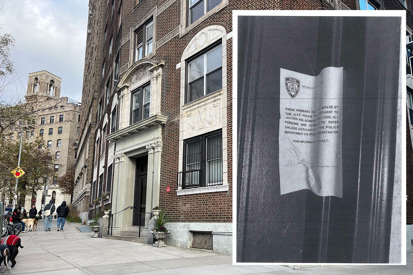 A photo of an Upper West Side building overlapped with an image of a police notice on a door.