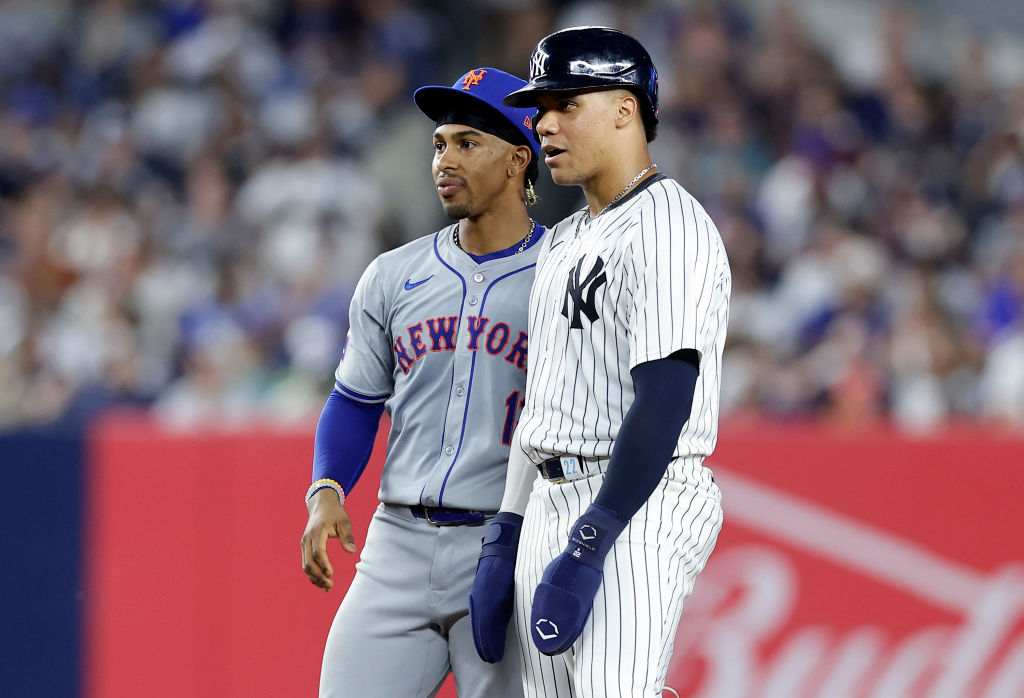 the Mets' Francisco Lindor and the Yankees' Juan Soto on the field together