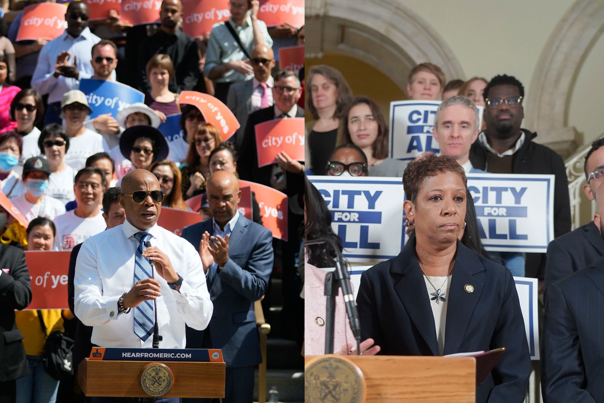 Left: Mayor Eric Adams stands in front of the crowd with signs reading "City of Yes." Right: Speaker Adrienne Adams stands in front of a crowd with signs reading "City for All."