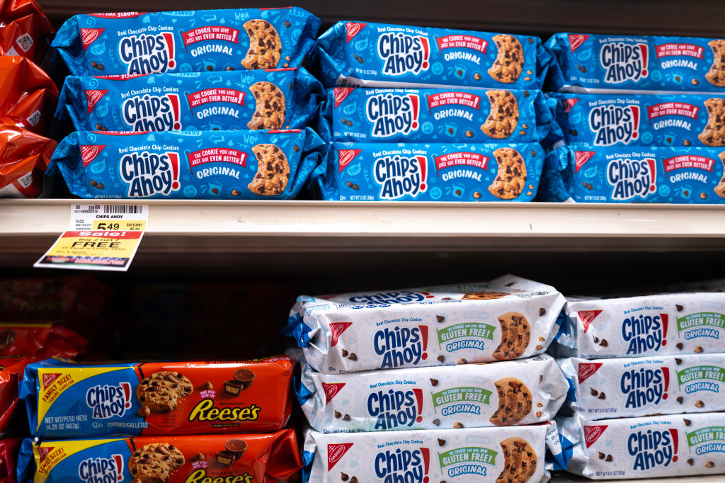 a shelf of Chips Ahoy cookies