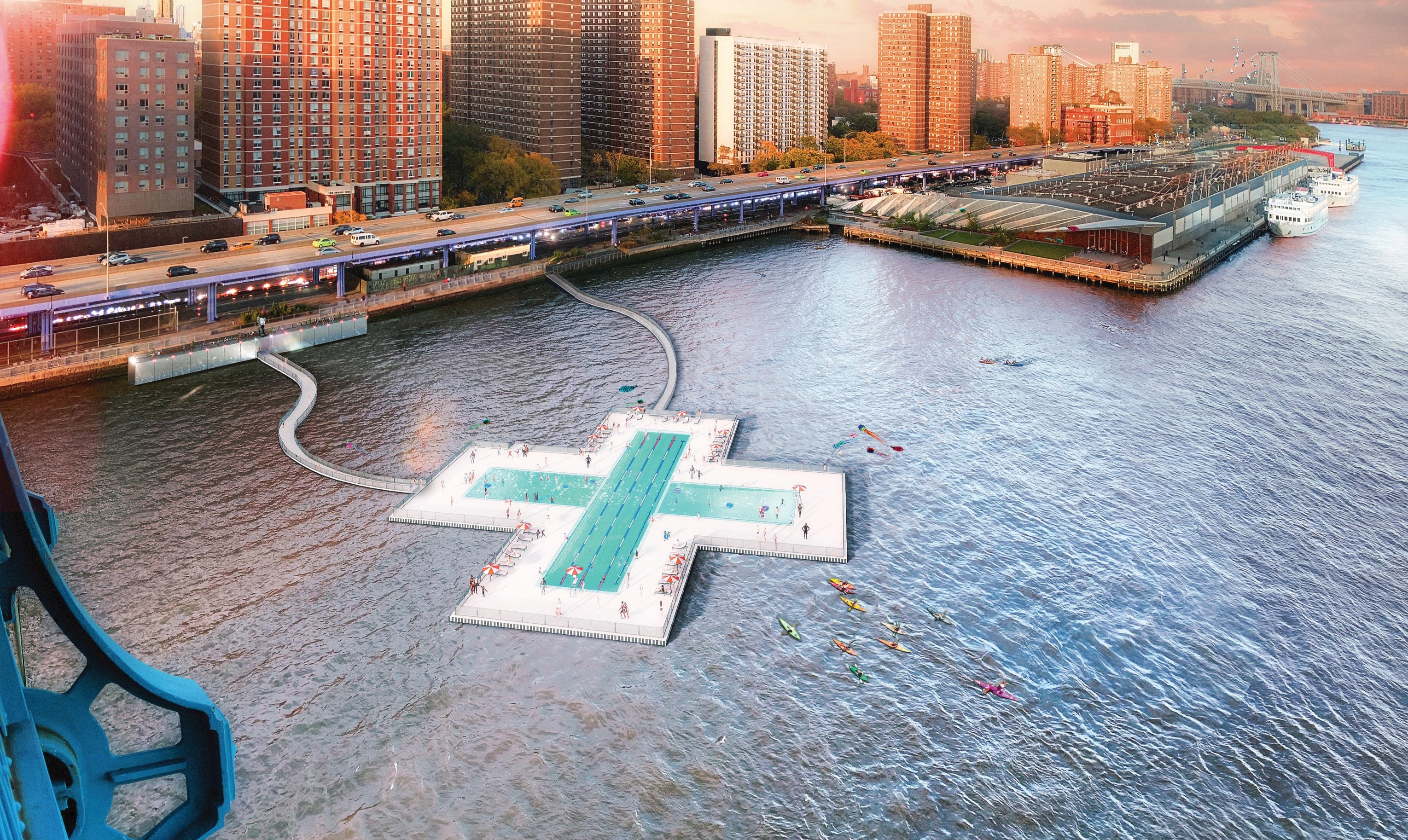 A rendering showing a pool shaped like a plus sign in the East River.